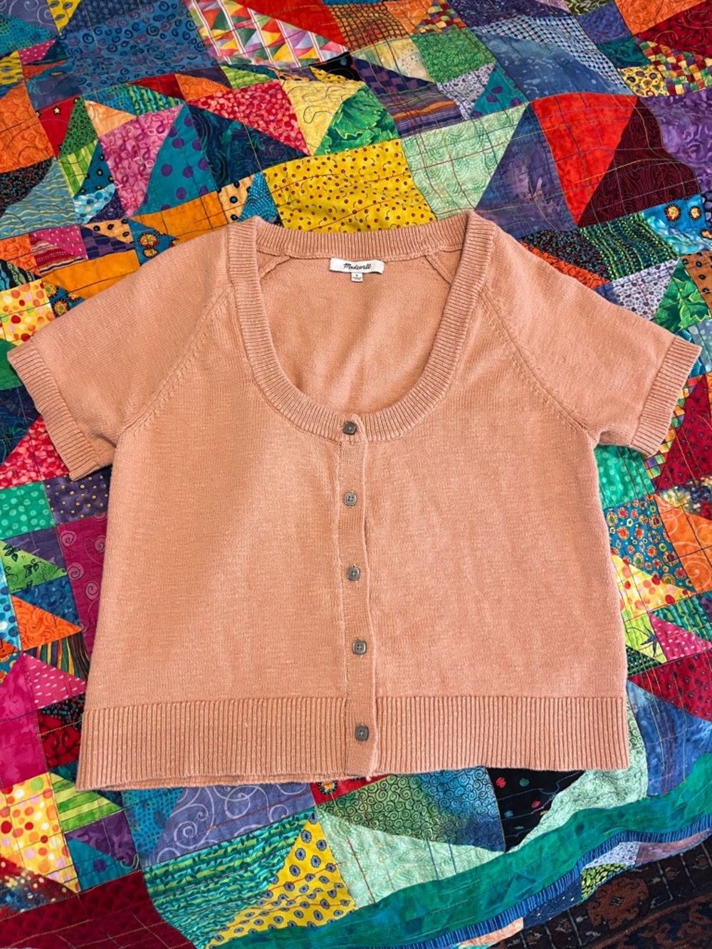 Madewell Short Sleeve Button Front Cardigan in Peach